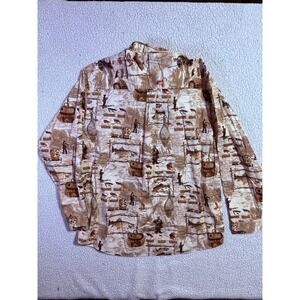 North River Outfitters Mens XL Fly Fishing Print Button Down Shirt Cotton Tan